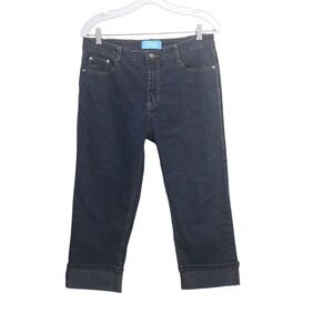 Jeanbay Womens Dark‎ Wash Embroidered Cuffed Capri Jeans Size 10 Blue Rhinestone